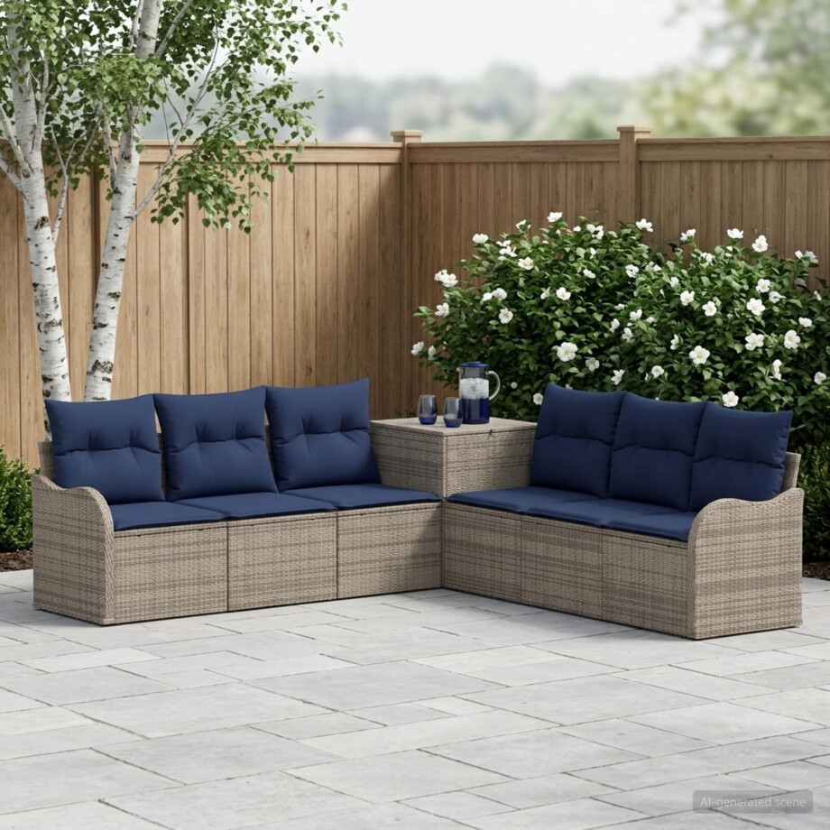 vidaXL Bankstel 7 st Grijs en Marineblauw Poly Rattan en Staal afbeelding 1