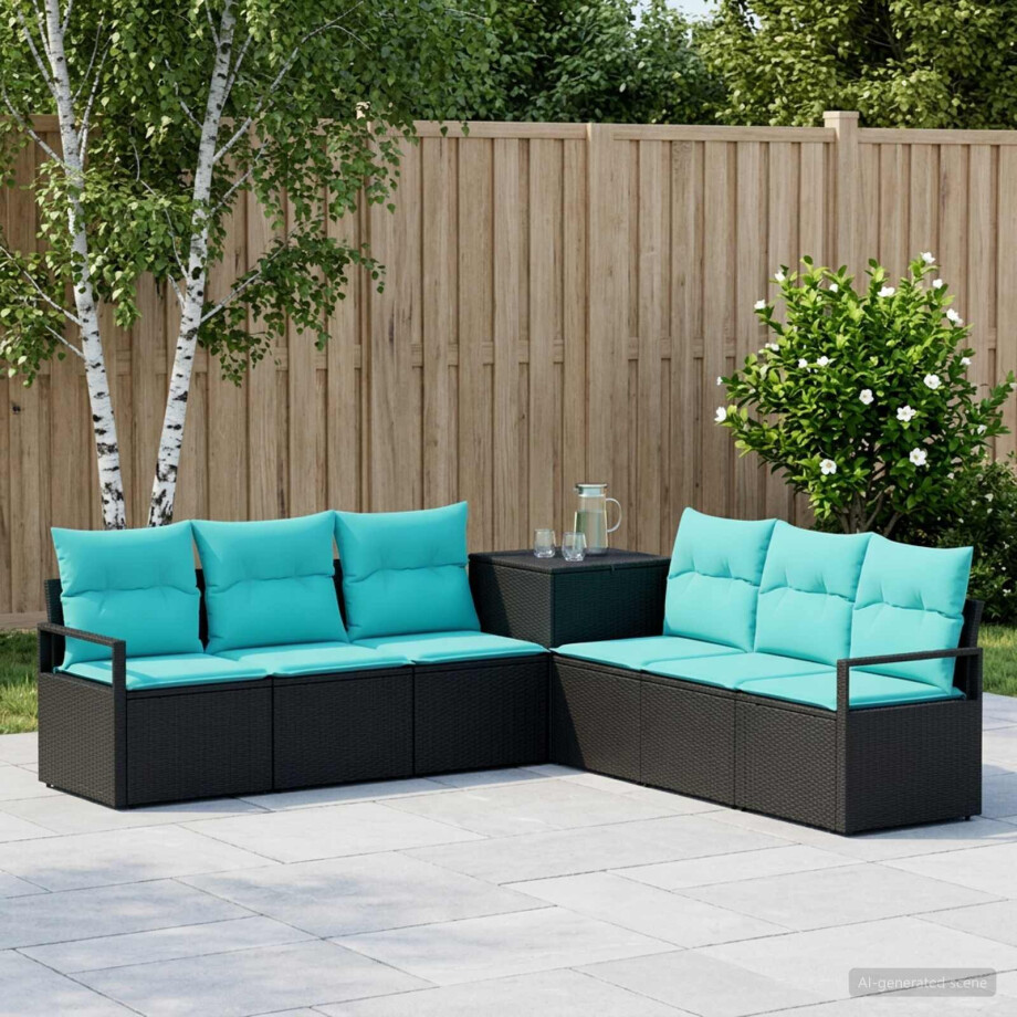 vidaXL Bankstel 7 st Zwart en Blauw Poly Rattan en Staal vidaXL Bankstel 7 st Zwart en Blauw Poly Rattan en Staal afbeelding 1
