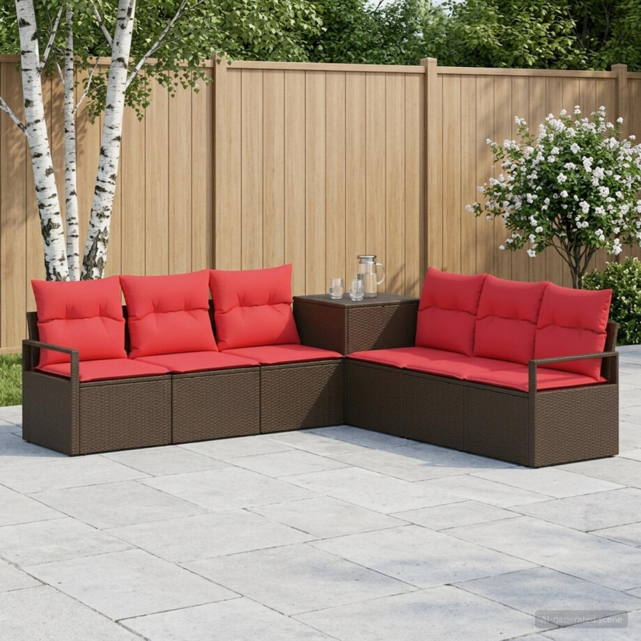 vidaXL Bankstel 7 st Bruin en Rood Poly Rattan en Staal afbeelding 1