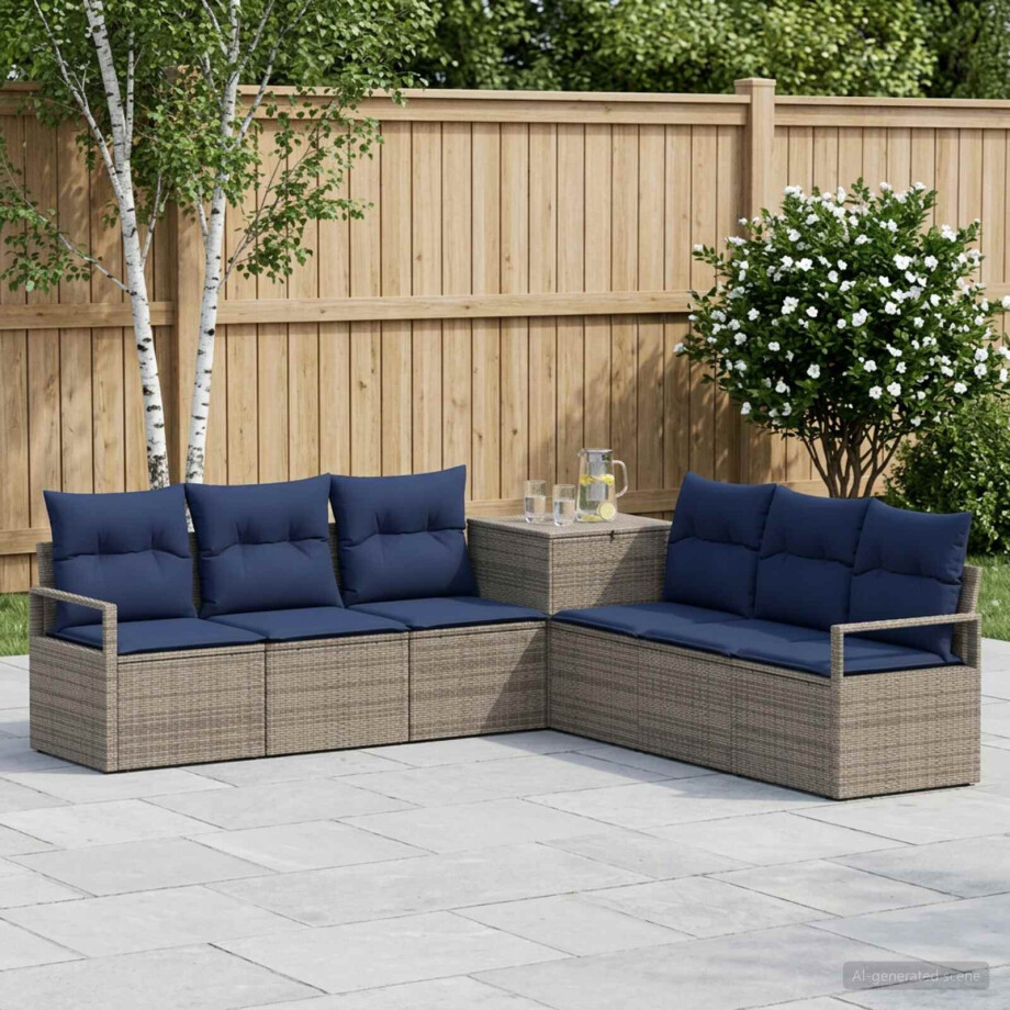 vidaXL Bankstel 7 st Grijs en Marineblauw Poly Rattan en Staal afbeelding 1
