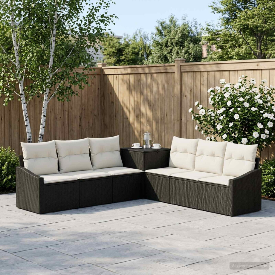 vidaXL Bankstel 7 pcs Zwart en Cream Wit Poly Rattan en Staal vidaXL Bankstel 7 pcs Zwart en Cream Wit Poly Rattan en Staal afbeelding 1