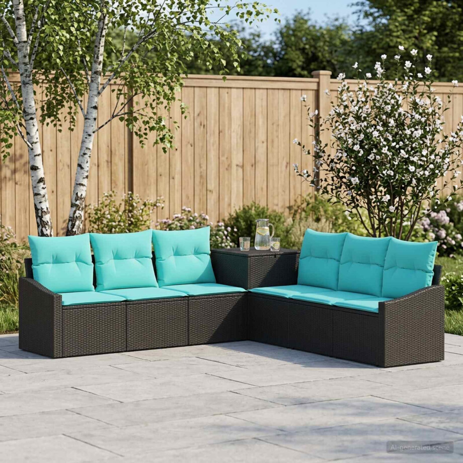 vidaXL Bankstel 7 pcs Zwart en Blauw Poly Rattan en Staal vidaXL Bankstel 7 pcs Zwart en Blauw Poly Rattan en Staal afbeelding 1
