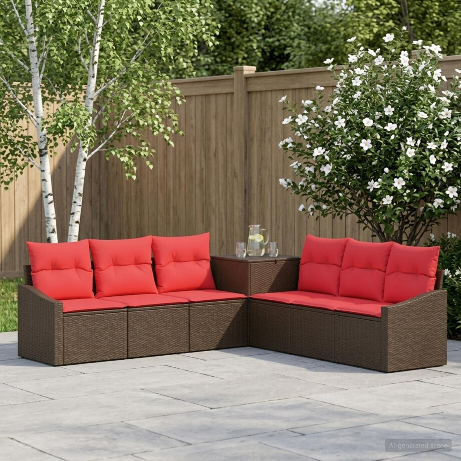 vidaXL Bankstel 7 st Bruin en Rood Poly Rattan en Staal afbeelding 1