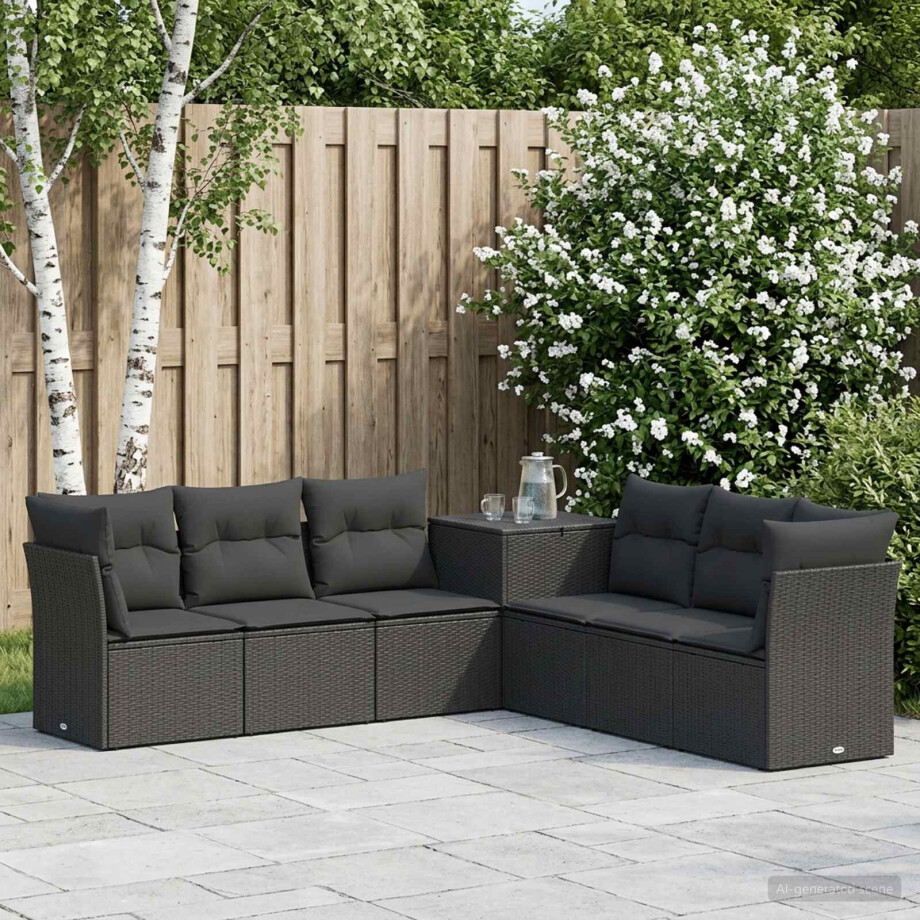 vidaXL Bankstel 7 pcs Zwart Poly Rattan en Staal afbeelding 1