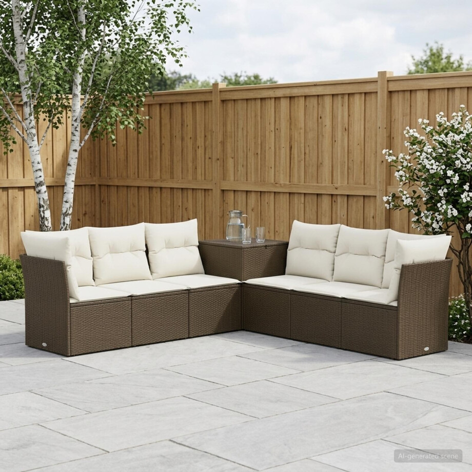 vidaXL Bankstel 7 pcs Bruin en Crème Wit Poly Rattan en Staal vidaXL Bankstel 7 pcs Bruin en Crème Wit Poly Rattan en Staal afbeelding 1