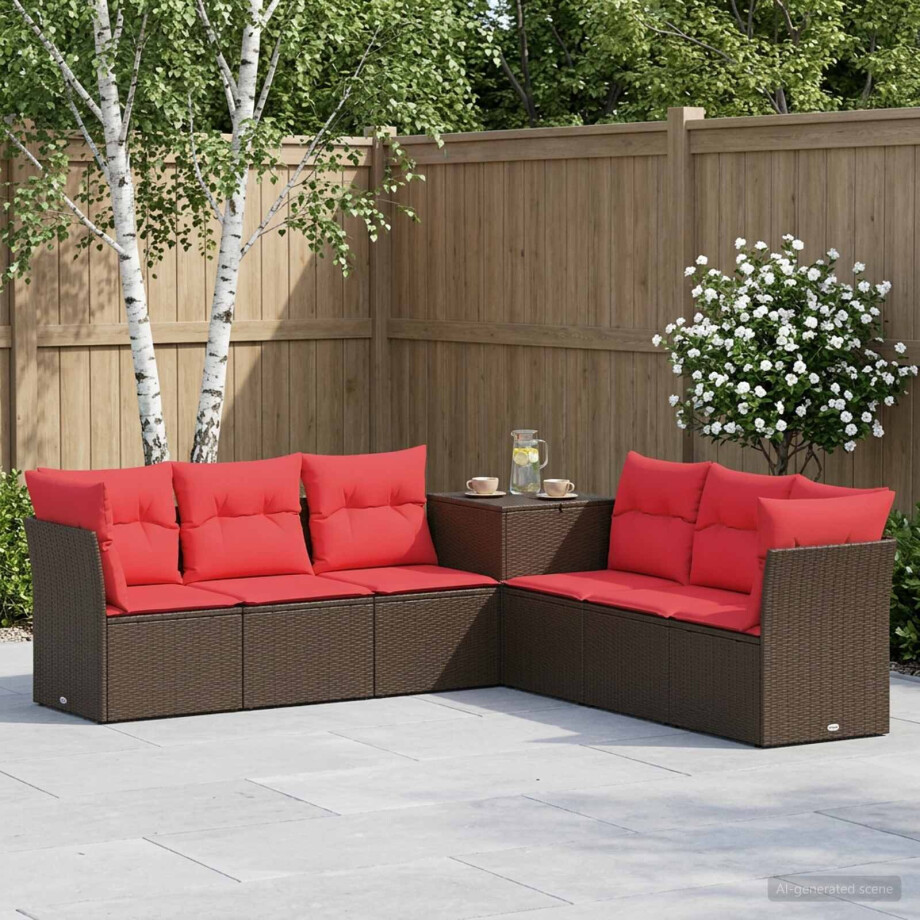 vidaXL Bankstel 7 pcs Bruin en Rood Poly Rattan en Staal vidaXL Bankstel 7 pcs Bruin en Rood Poly Rattan en Staal afbeelding 1