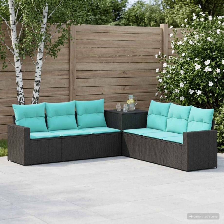 vidaXL Bankstel 7 pcs Zwart en Blauw Poly Rattan en Staal vidaXL Bankstel 7 pcs Zwart en Blauw Poly Rattan en Staal afbeelding 1