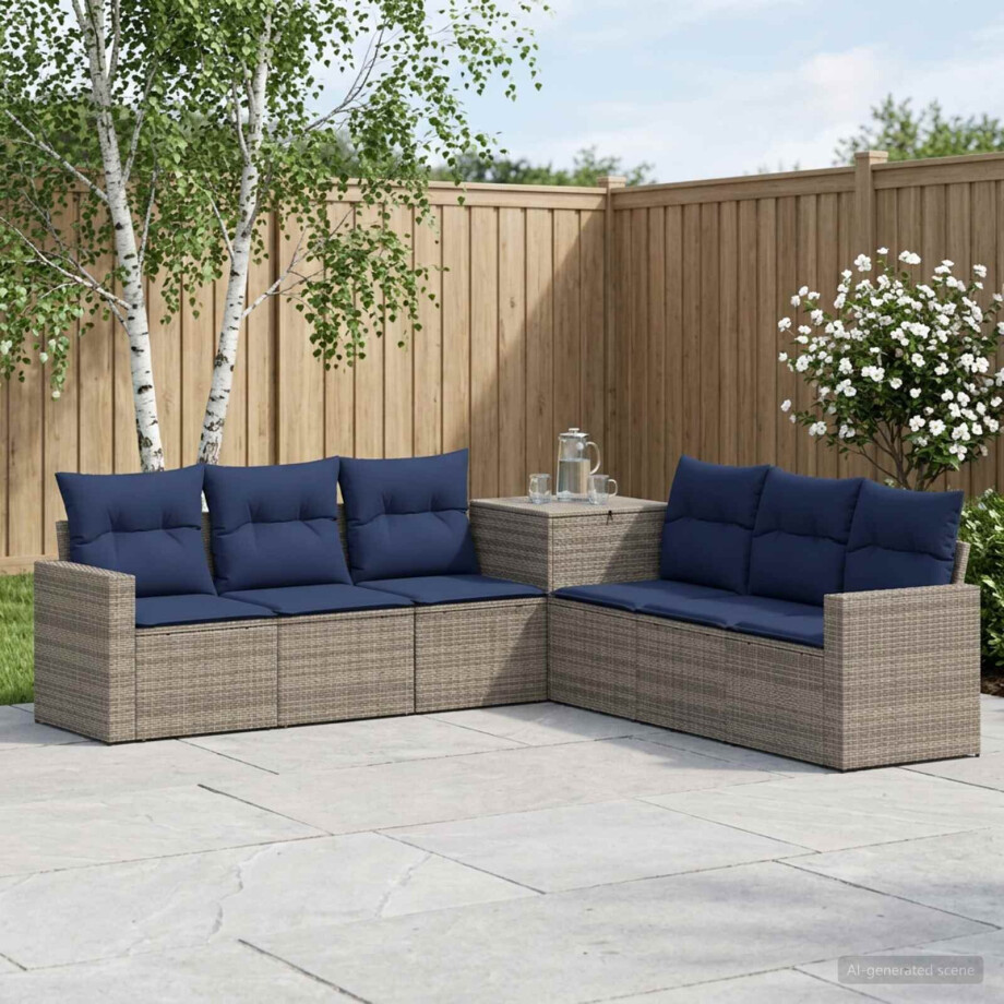 vidaXL Bankstel 7 pcs Grijs en Marineblauw Poly Rattan en Staal vidaXL Bankstel 7 pcs Grijs en Marineblauw Poly Rattan en Staal afbeelding 1