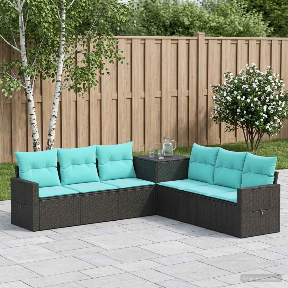 vidaXL Bankstel 7 pcs Zwart en Blauw Poly Rattan en Staal vidaXL Bankstel 7 pcs Zwart en Blauw Poly Rattan en Staal afbeelding 1