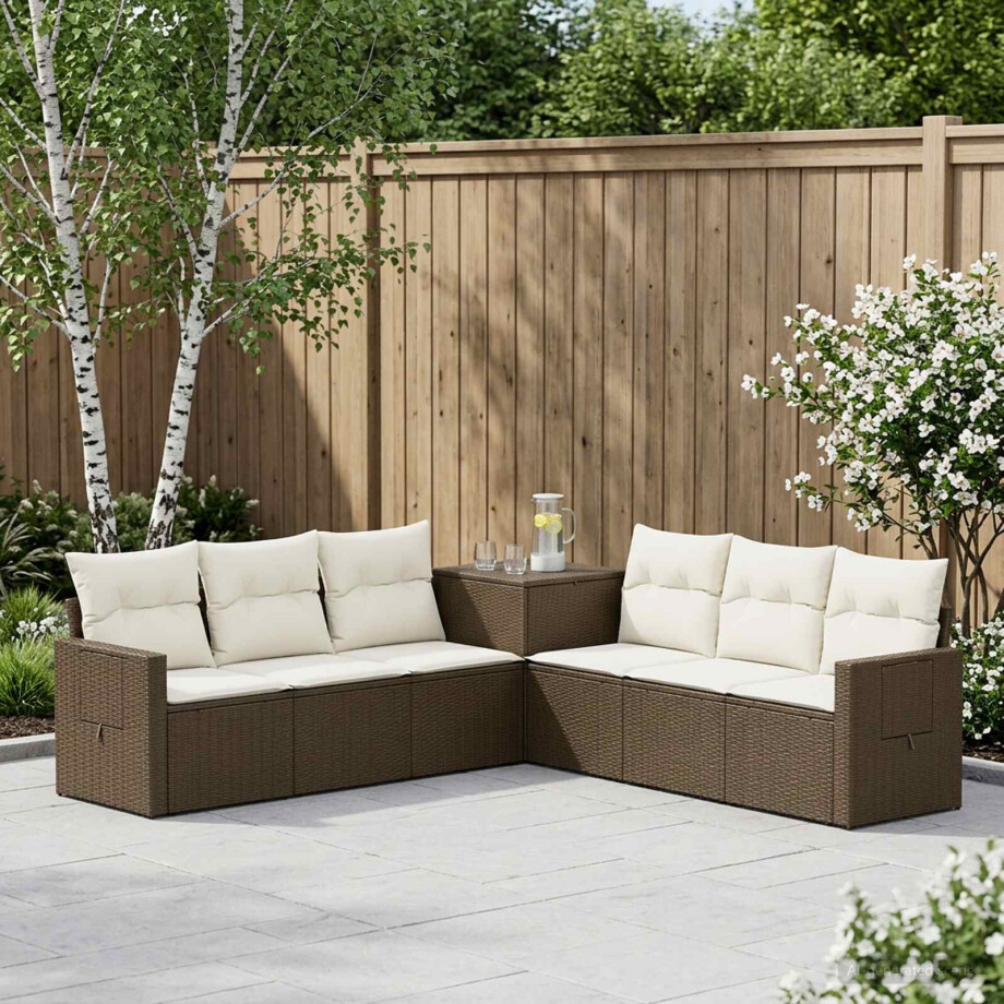 vidaXL Bankstel 7 pcs Bruin en Crème Wit Poly Rattan en Staal vidaXL Bankstel 7 pcs Bruin en Crème Wit Poly Rattan en Staal afbeelding 1