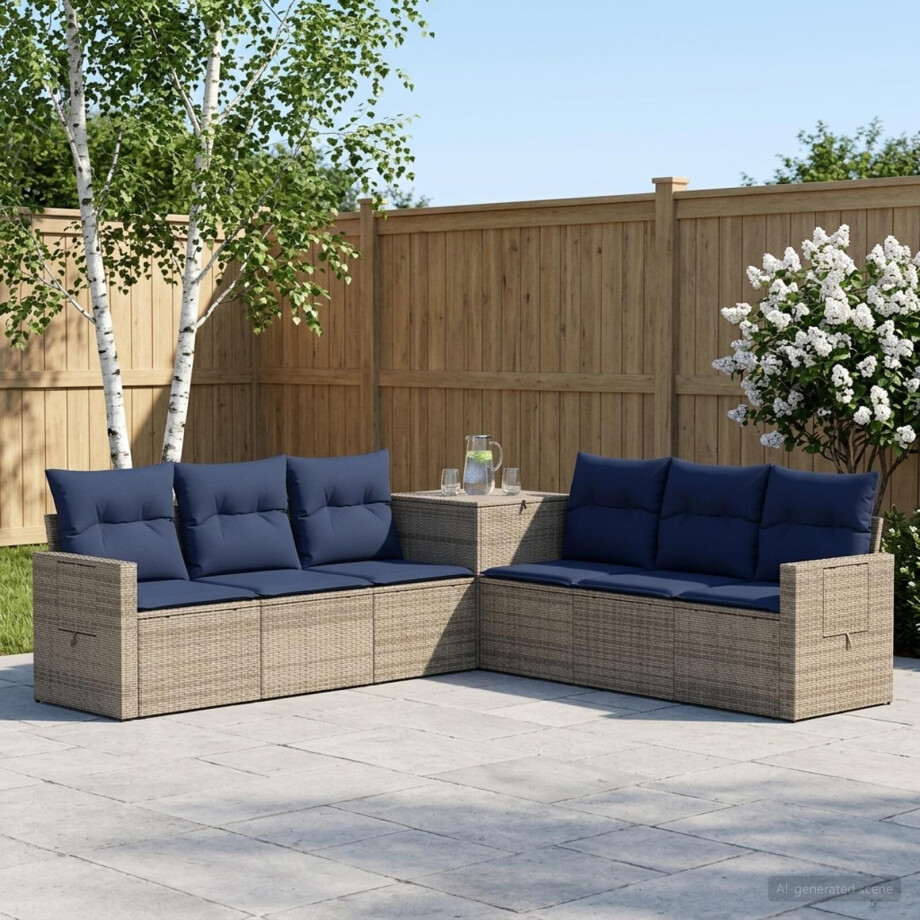 vidaXL Bankstel 7 pcs Grijs en Marineblauw Poly Rattan en Staal vidaXL Bankstel 7 pcs Grijs en Marineblauw Poly Rattan en Staal afbeelding 1