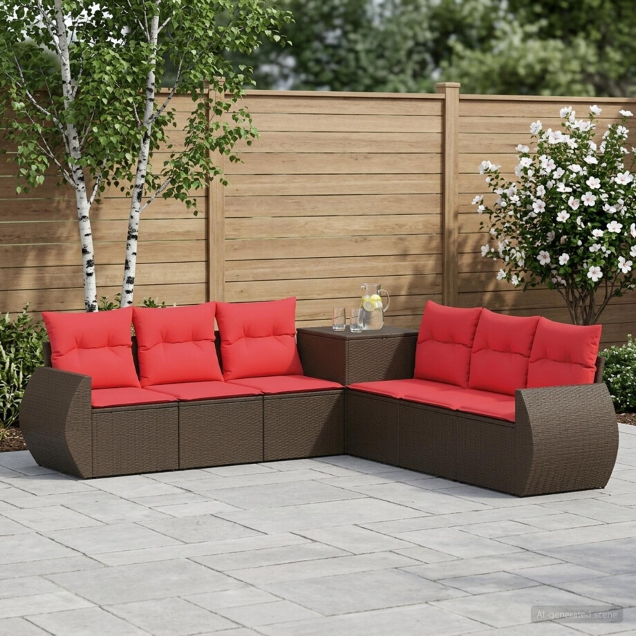 vidaXL Bankstel 7 pcs Bruin en Rood Poly Rattan en Staal vidaXL Bankstel 7 pcs Bruin en Rood Poly Rattan en Staal afbeelding 1