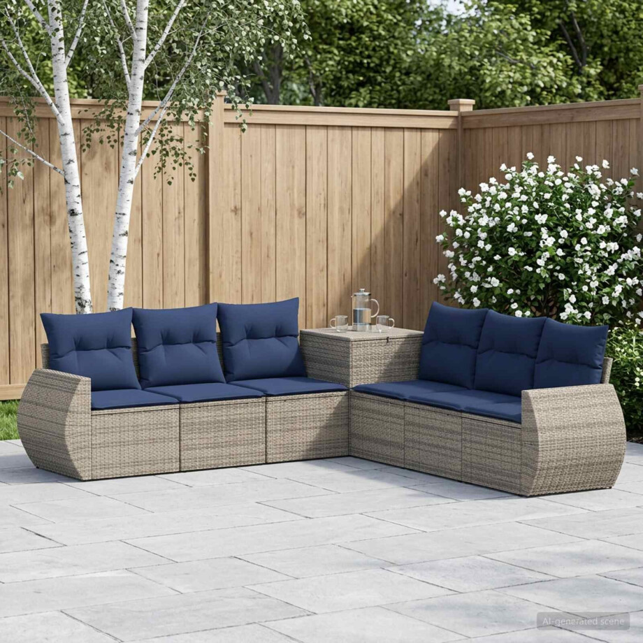 vidaXL Bankstel 7 pcs Grijs en Marineblauw Poly Rattan en Staal vidaXL Bankstel 7 pcs Grijs en Marineblauw Poly Rattan en Staal afbeelding 1