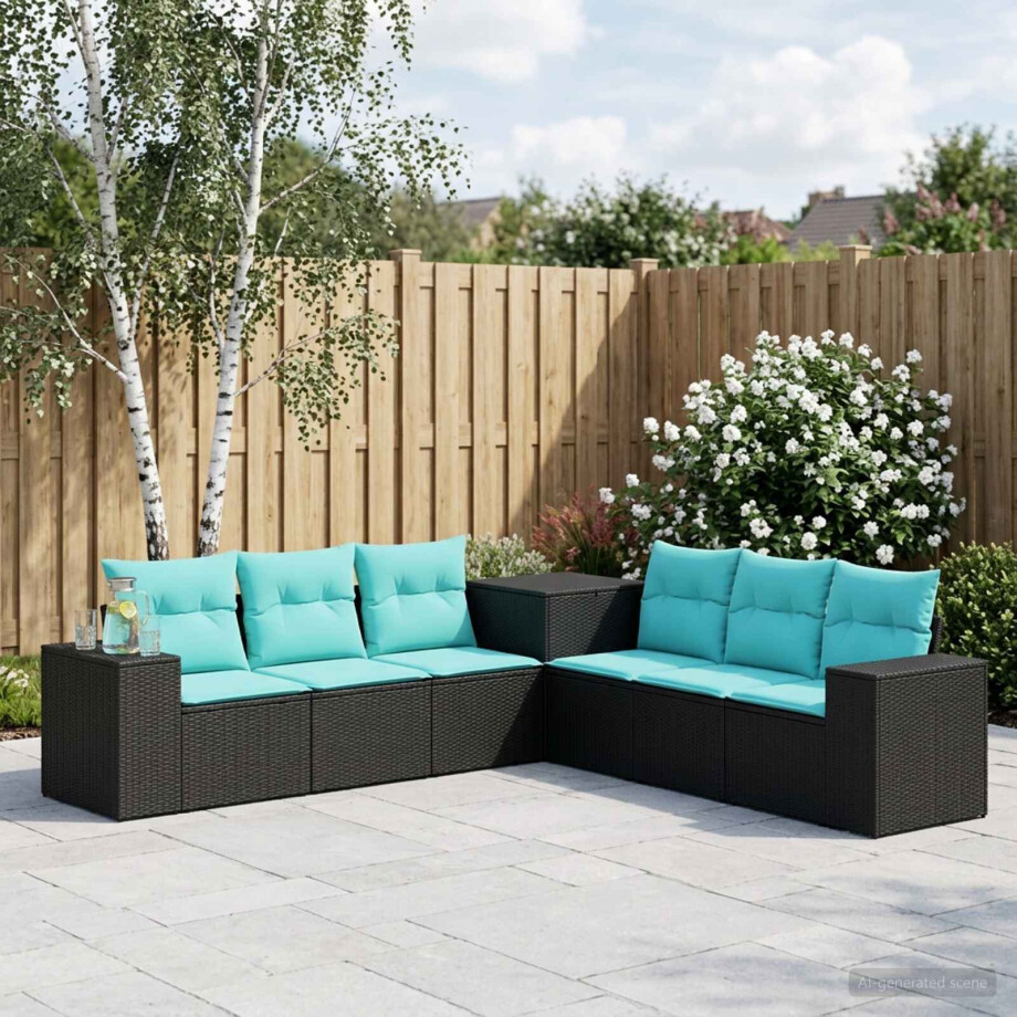 vidaXL Bankstel 7 pcs Zwart en Blauw Poly Rattan en Staal vidaXL Bankstel 7 pcs Zwart en Blauw Poly Rattan en Staal afbeelding 1
