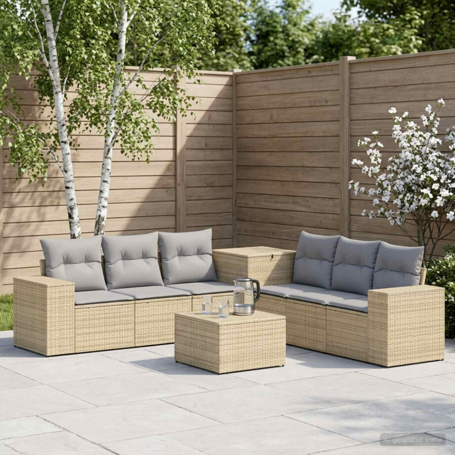 vidaXL Bankstel 7 pcs Beige en Licht Grijs Poly Rattan en Staal vidaXL Bankstel 7 pcs Beige en Licht Grijs Poly Rattan en Staal afbeelding 1