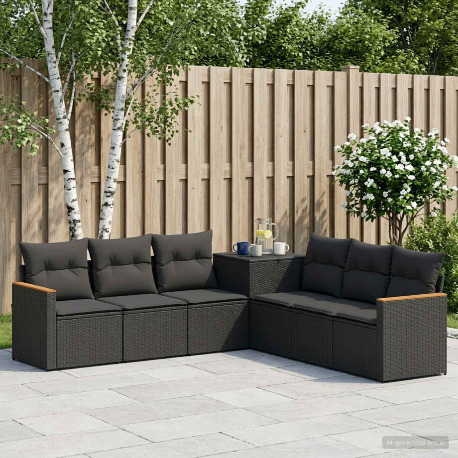 vidaXL Bankstel 7 pcs Zwart Poly Rattan en Staal vidaXL Bankstel 7 pcs Zwart Poly Rattan en Staal afbeelding 1