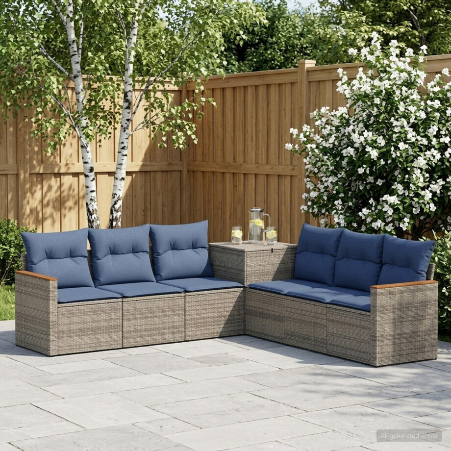 vidaXL Bankstel 7 pcs Grijs en Marineblauw Poly Rattan en Staal vidaXL Bankstel 7 pcs Grijs en Marineblauw Poly Rattan en Staal afbeelding 1