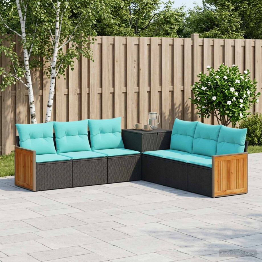 vidaXL Bankstel 7 pcs Zwart en Blauw Poly Rattan en Staal vidaXL Bankstel 7 pcs Zwart en Blauw Poly Rattan en Staal afbeelding 1