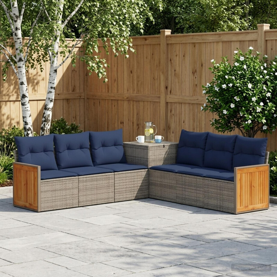 vidaXL Bankstel 7 pcs Grijs en Marineblauw Poly Rattan en Staal vidaXL Bankstel 7 pcs Grijs en Marineblauw Poly Rattan en Staal afbeelding 1