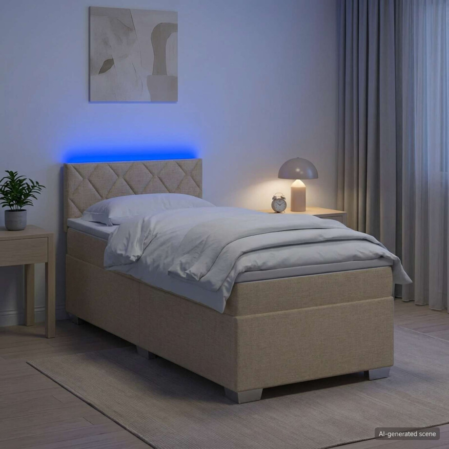vidaXL Boxspring Bed met Matras en LED Crèmekleurig 100 x 200 cm Stof vidaXL Boxspring Bed met Matras en LED Crèmekleurig 100 x 200 cm Stof afbeelding 1