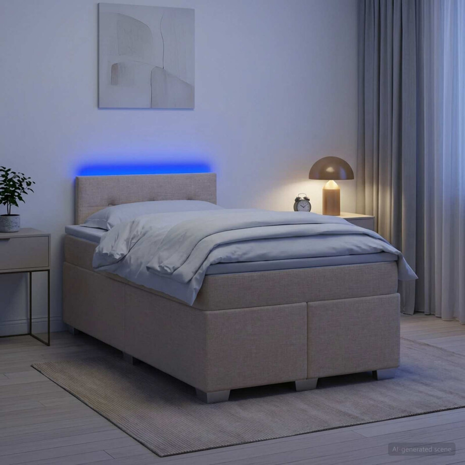 vidaXL Boxspring Bed met Matras en LED Crèmekleurig 120 x 200 cm Stof afbeelding 1