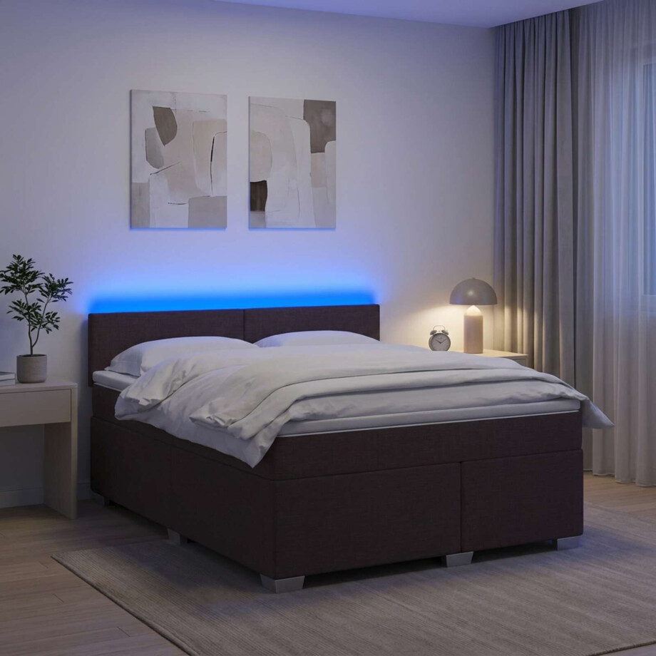 vidaXL Boxspring Bed met Matras en LED Donkerbruin 180 x 200 cm Stof afbeelding 1