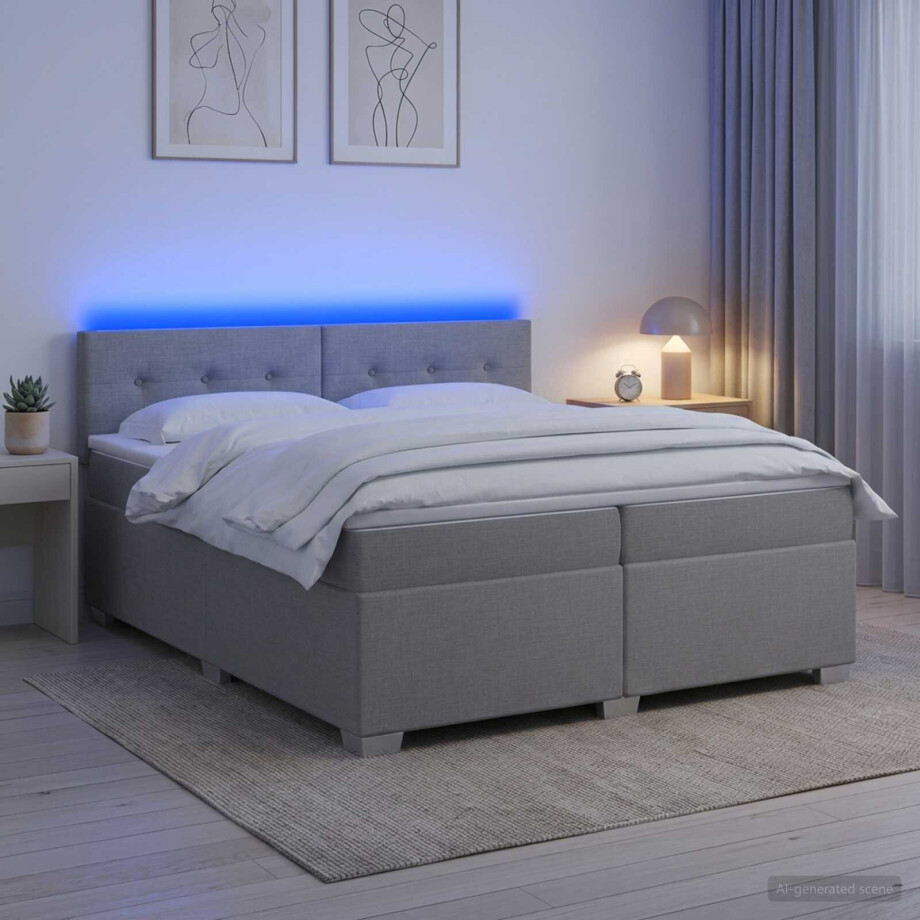 vidaXL Boxspring Bed met Matras en LED Lichtgrijs 200 x 200 cm Stof afbeelding 1