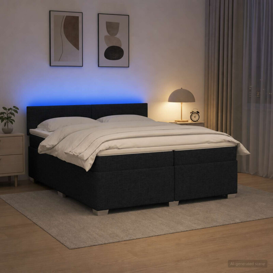 vidaXL Boxspring Bed met Matras en LED Zwart 200 x 200 cm Stof afbeelding 1