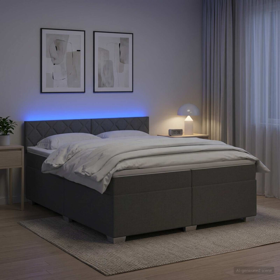 vidaXL Boxspring Bed met Matras en LED Donkergrijs 200 x 200 cm Stof afbeelding 1
