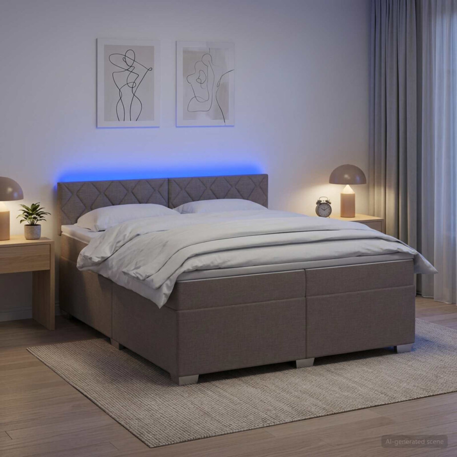 vidaXL Boxspring Bed met Matras en LED Taupe 200 x 200 cm Stof afbeelding 1