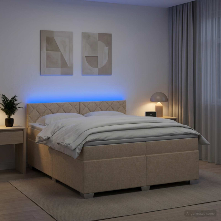 vidaXL Boxspring Bed met Matras en LED Crèmekleurig 200 x 200 cm Stof afbeelding 1