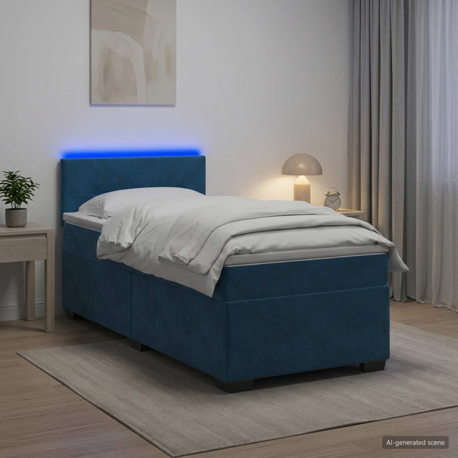 vidaXL Boxspring Bed met Matras en LED Blauw 90 x 190 cm fluweel vidaXL Boxspring Bed met Matras en LED Blauw 90 x 190 cm fluweel afbeelding 1