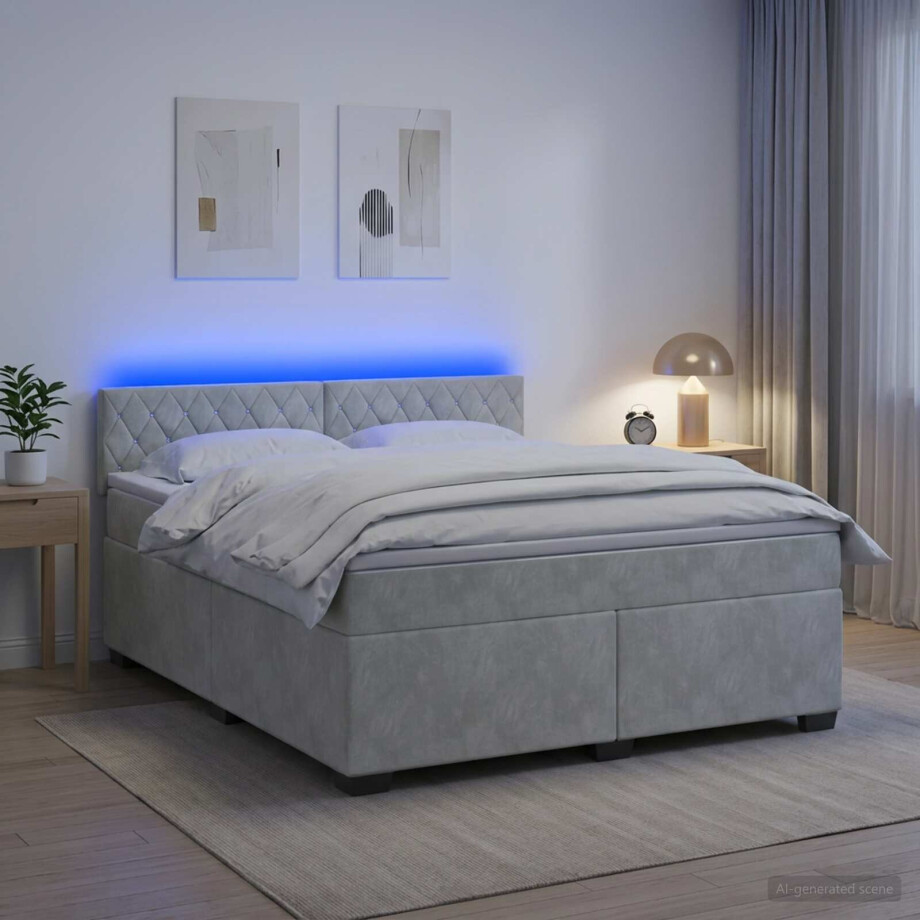 vidaXL Boxspring Bed met Matras en LED Lichtgrijs 180 x 200 cm fluweel afbeelding 1