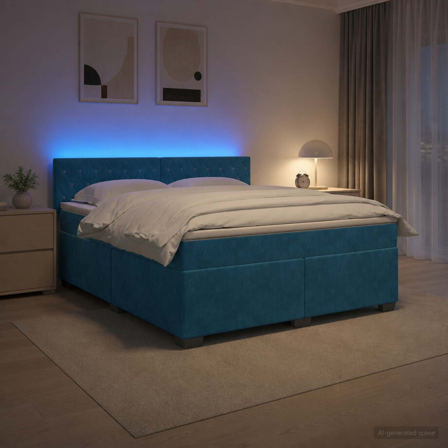 vidaXL Boxspring Bed met Matras en LED Blauw 160 x 200 cm fluweel afbeelding 1