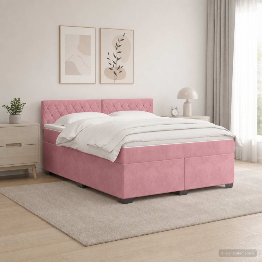 vidaXL Boxspring Bed met Matras en LED Roze 160 x 200 cm fluweel vidaXL Boxspring Bed met Matras en LED Roze 160 x 200 cm fluweel afbeelding 1