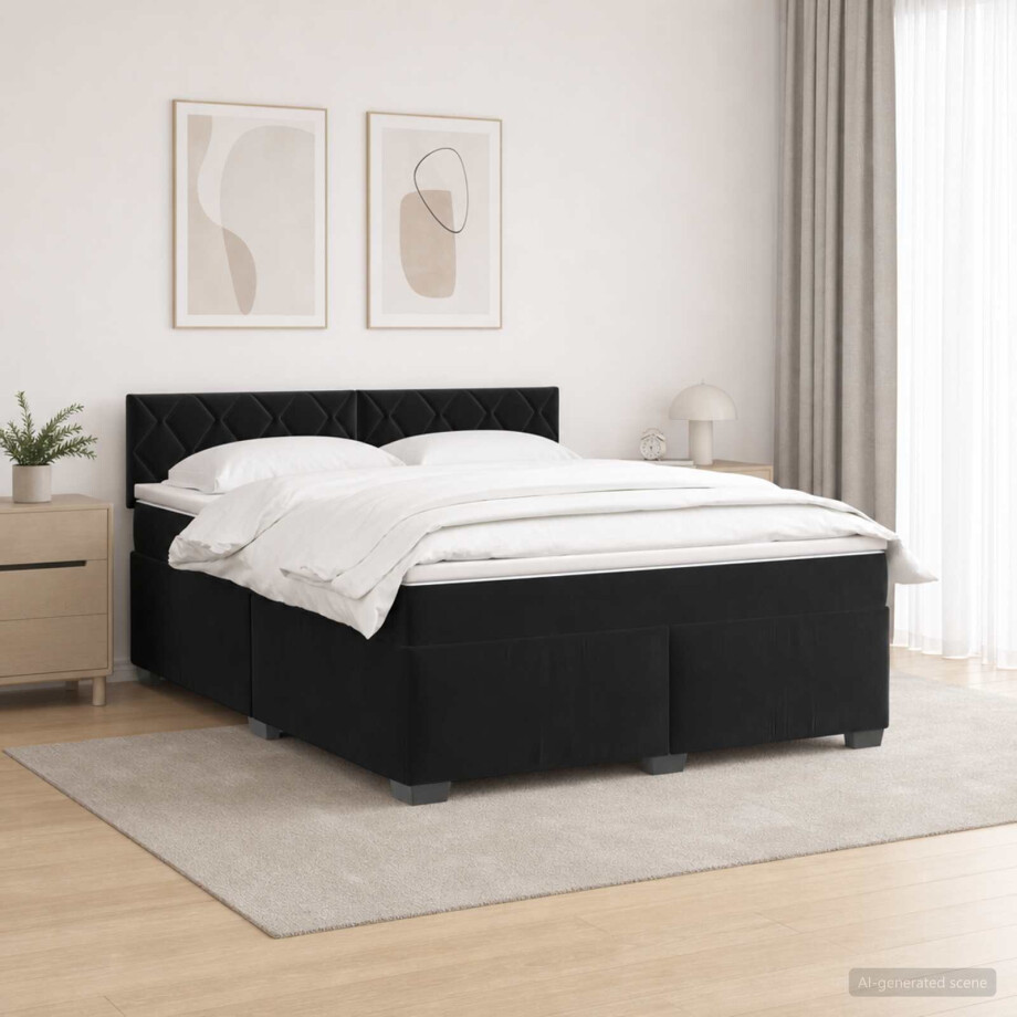 vidaXL Boxspring Bed met Matras en LED Zwart 160 x 200 cm fluweel afbeelding 1