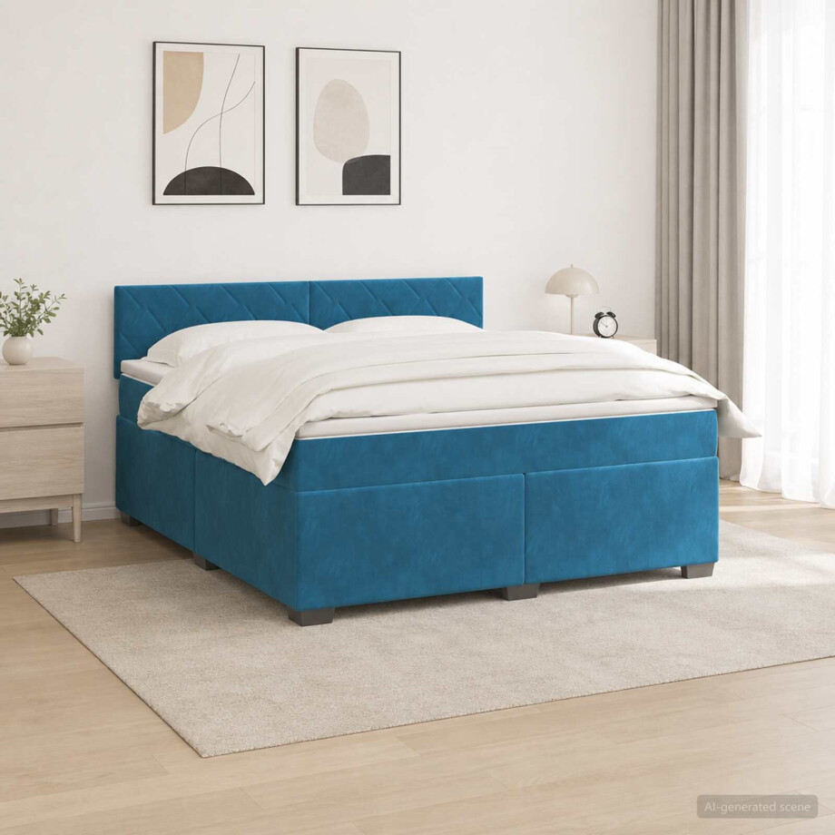vidaXL Boxspring Bed met Matras en LED Blauw 160 x 200 cm fluweel afbeelding 1