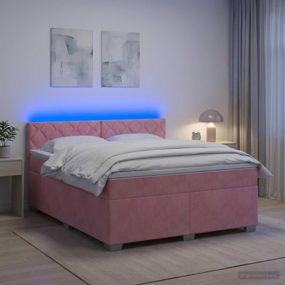 vidaXL Boxspring Bed met Matras en LED Roze 160 x 200 cm fluweel vidaXL Boxspring Bed met Matras en LED Roze 160 x 200 cm fluweel afbeelding 1