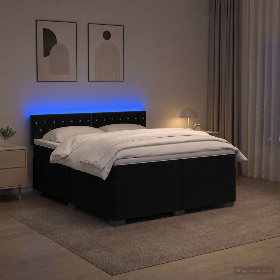 vidaXL Boxspring Bed met Matras en LED Zwart 200 x 200 cm fluweel afbeelding 1