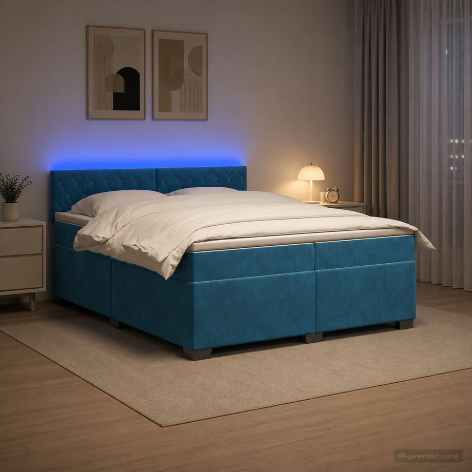 vidaXL Boxspring Bed met Matras en LED Blauw 200 x 200 cm fluweel vidaXL Boxspring Bed met Matras en LED Blauw 200 x 200 cm fluweel afbeelding 1
