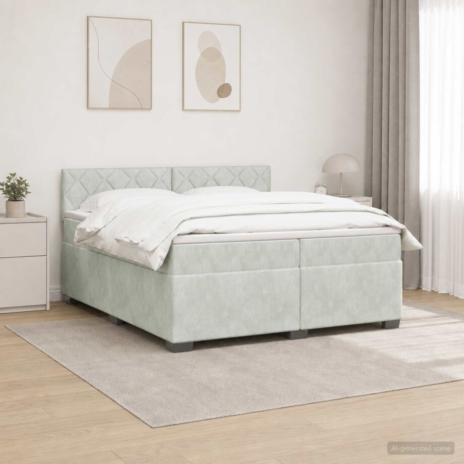 vidaXL Boxspring Bed met Matras en LED Lichtgrijs 200 x 200 cm fluweel afbeelding 1