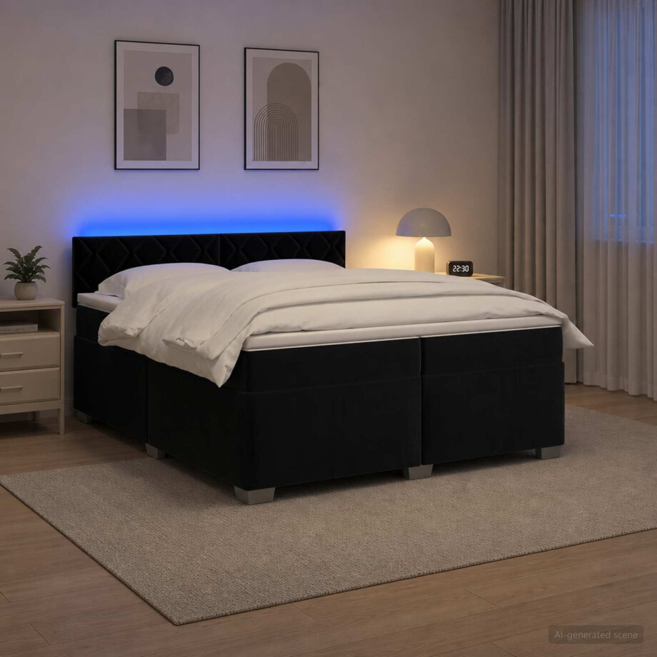 vidaXL Boxspring Bed met Matras en LED Zwart 200 x 200 cm fluweel afbeelding 1