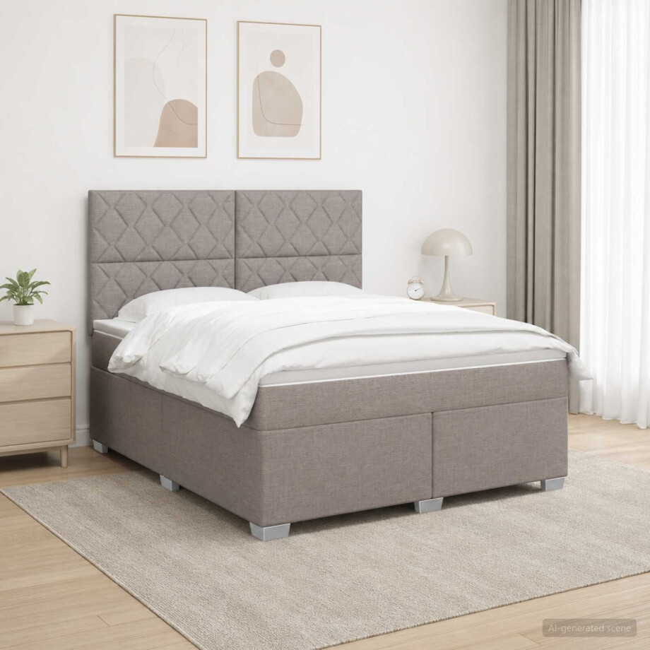 vidaXL Boxspringbed met matras met hoofdeinde Taupe 160 x 200 cm Stof afbeelding 1