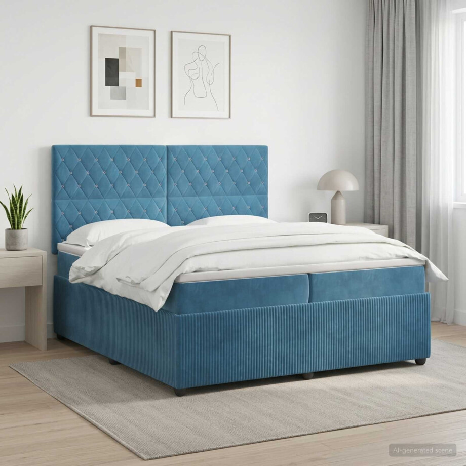vidaXL Boxspringbed met matras Blauw 200 x 200 cm Fluweel afbeelding 1