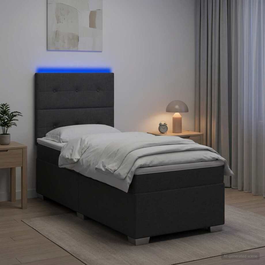 vidaXL Boxspring Bed met Matras en LED Donkergrijs 90 x 190 cm Stof vidaXL Boxspring Bed met Matras en LED Donkergrijs 90 x 190 cm Stof afbeelding 1