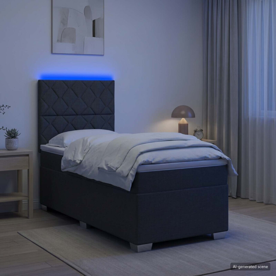 vidaXL Boxspring Bed met Matras en LED Donkergrijs 90 x 190 cm Stof vidaXL Boxspring Bed met Matras en LED Donkergrijs 90 x 190 cm Stof afbeelding 1