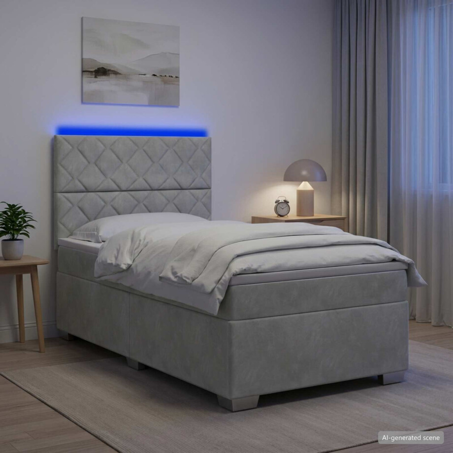 vidaXL Boxspring Bed met Matras en LED Lichtgrijs 90 x 190 cm Fluweel afbeelding 1