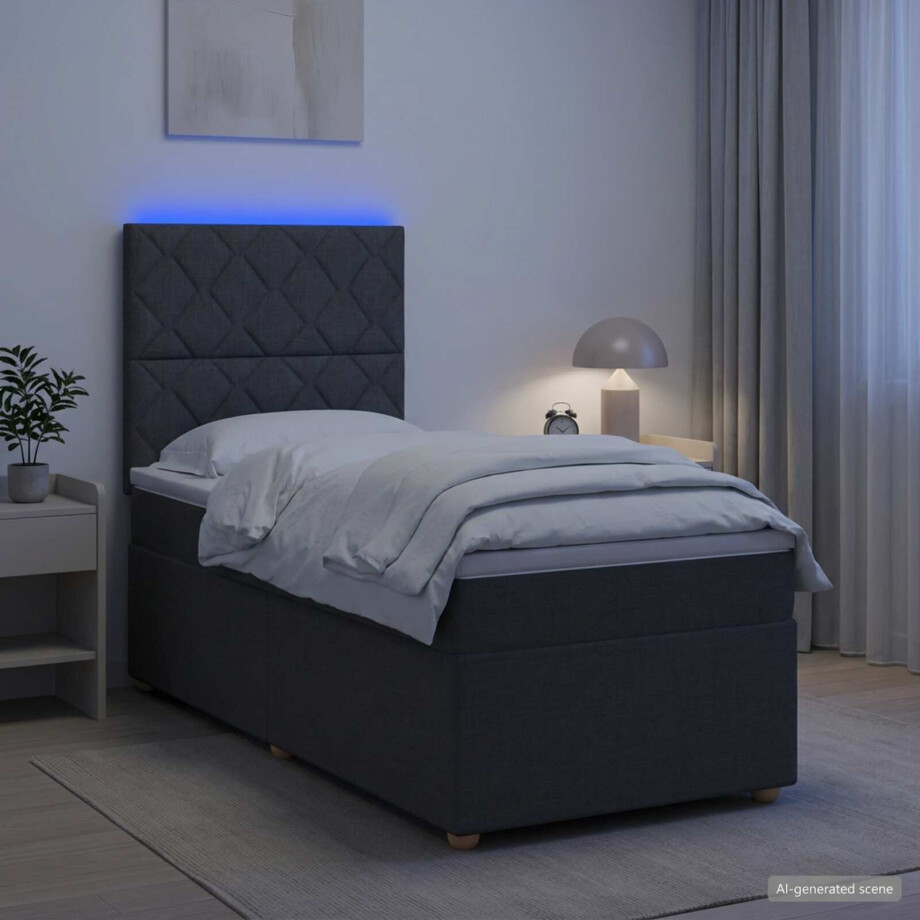 vidaXL LED Boxspring Bed met Matras Donkergrijs 90 x 190 cm Stof afbeelding 1
