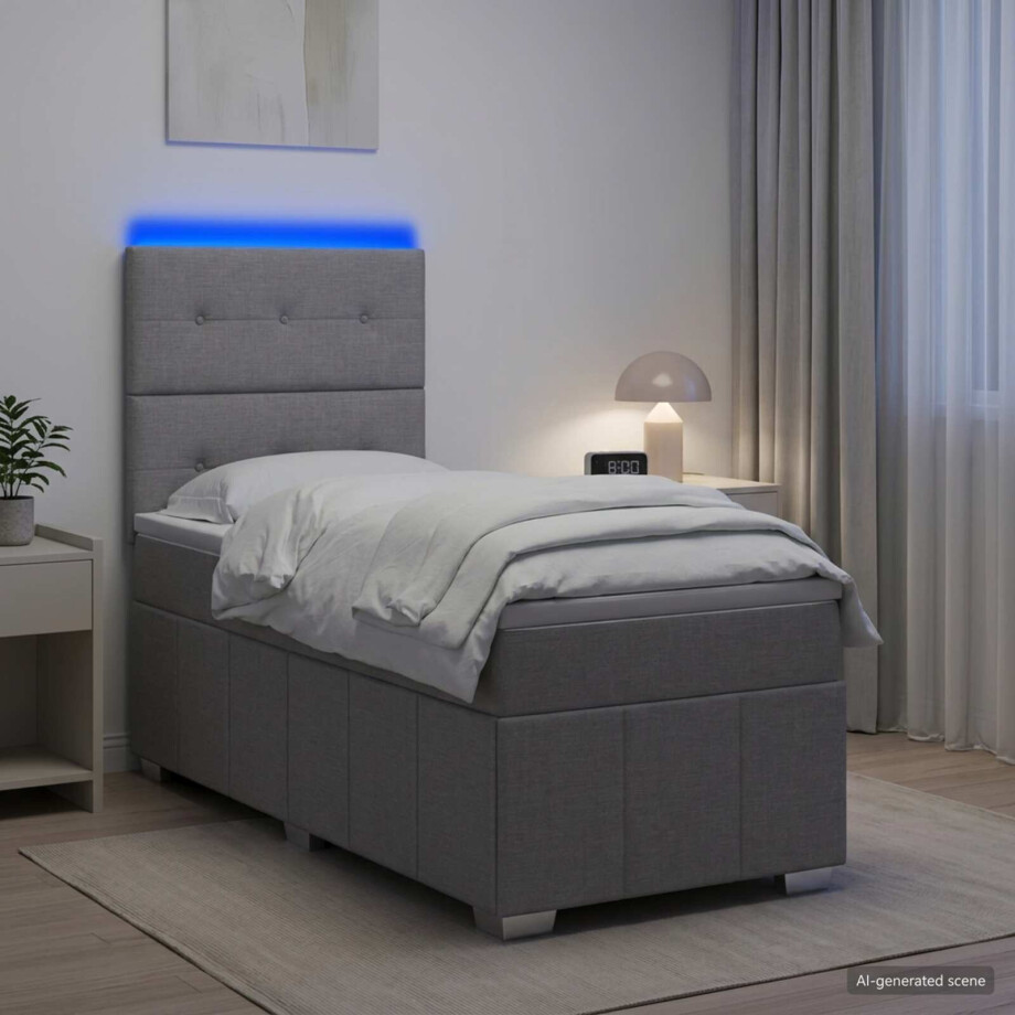 vidaXL LED Boxspring Bed met Matras Lichtgrijs 100 x 200 cm Stof afbeelding 1