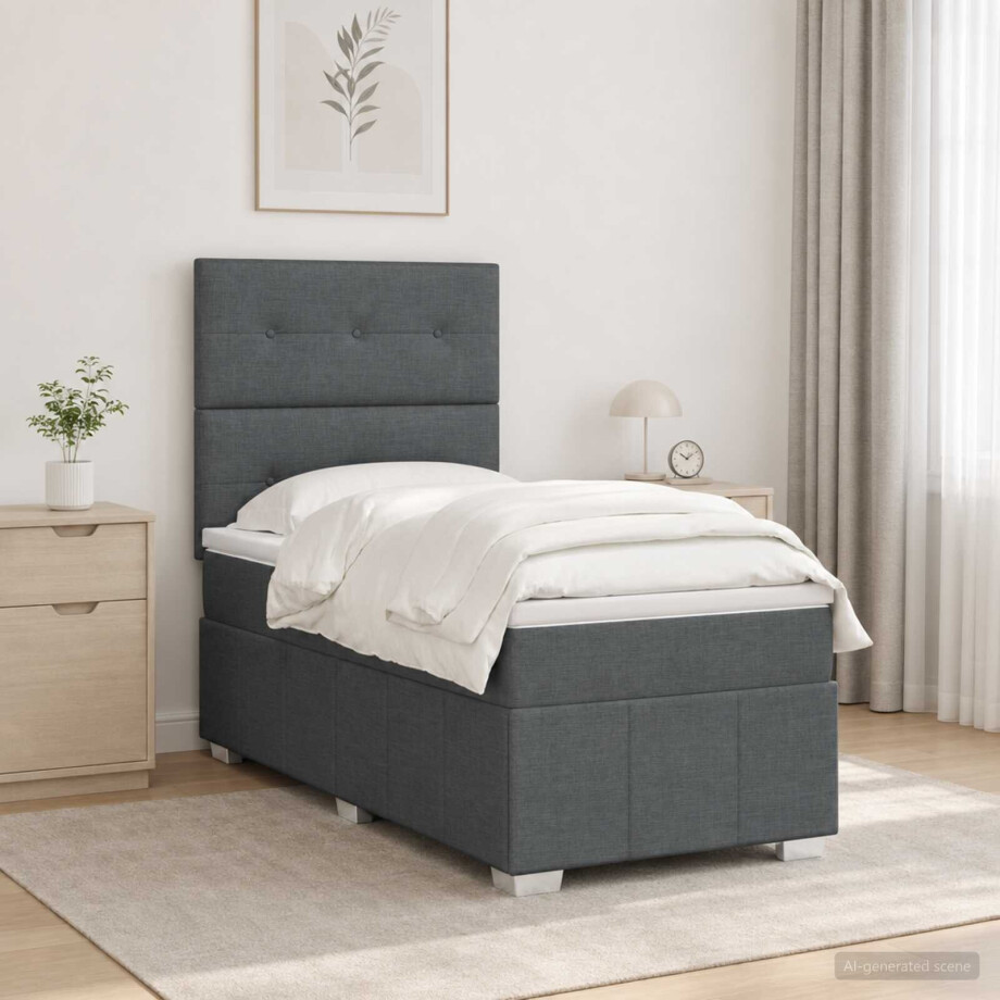 vidaXL LED Boxspring Bed met Matras Donkergrijs 90 x 190 cm Stof afbeelding 1